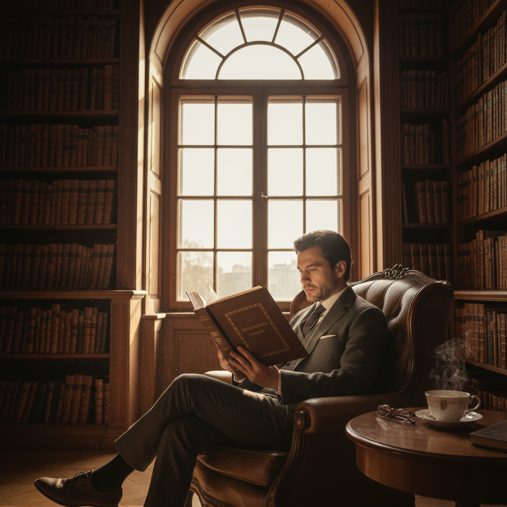 따뜻한 햇살이 비치는 고풍스러운 도서관 창가에서 가죽 양장본 철학 서적을 읽고 있는 모습, 책장 사이로 먼지가 부드럽게 흩날리는 평화로운 분위기의 고해상도 이미지.