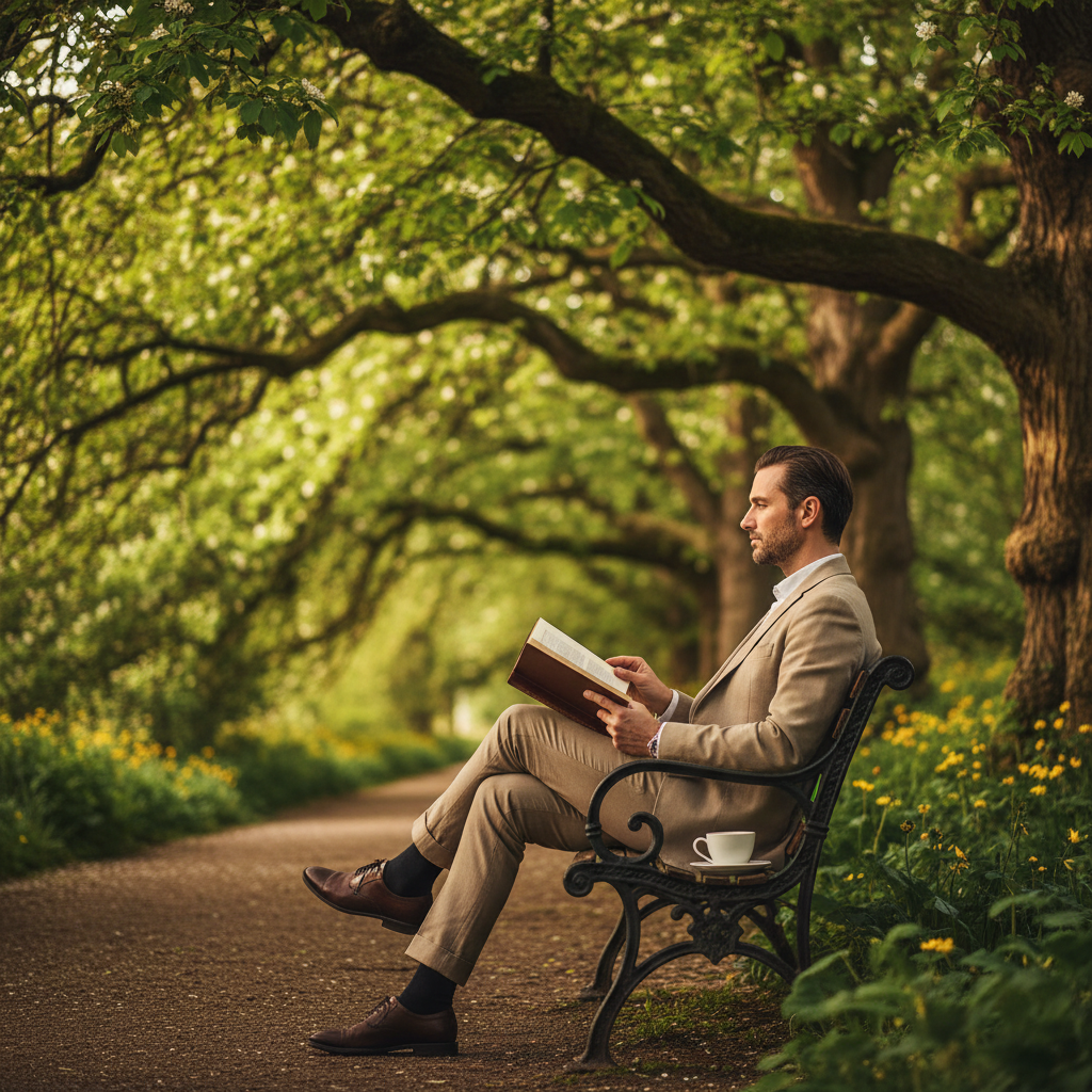 초록빛이 가득한 공원 나무 아래 벤치에 앉아 깊은 사색에 잠긴 채 두꺼운 철학 책을 넘기는 사람의 옆모습을 담은 감성적인 라이프스타일 이미지.
