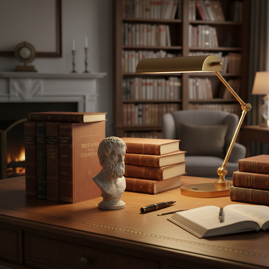 서재의 책상 위에 쌓여 있는 니체와 칸트의 고전 서적들, 그 옆에 놓인 작은 석고 조각상과 은은한 황색 스탠드 조명이 만드는 중후하고 학구적인 공기.