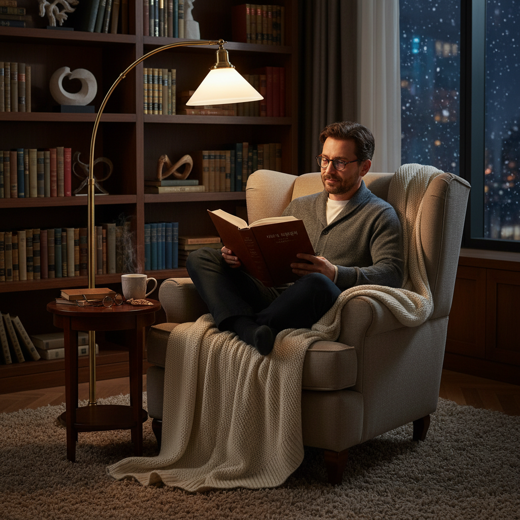 포근한 담요가 덮인 1인용 안락의자에 앉아 스탠드 불빛 아래에서 철학서를 탐독하는 아늑한 밤의 실내 풍경을 담은 고퀄리티 사진.
