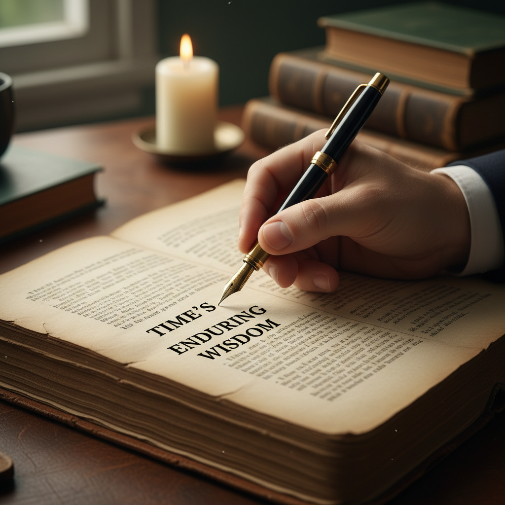 세월의 흔적이 느껴지는 오래된 철학 책의 종이 질감을 강조한 클로즈업 샷, 만년필로 중요한 문장에 밑줄을 긋는 손이 담긴 진중한 분위기의 이미지.