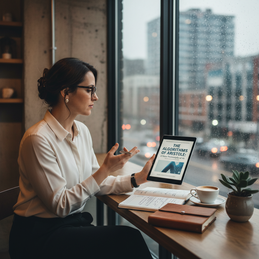 모던한 카페 창가에서 태블릿으로 철학 전자책을 읽으며 노트에 자신의 생각을 정리하는 현대적인 지식인의 모습을 담은 도시적인 감성 사진.